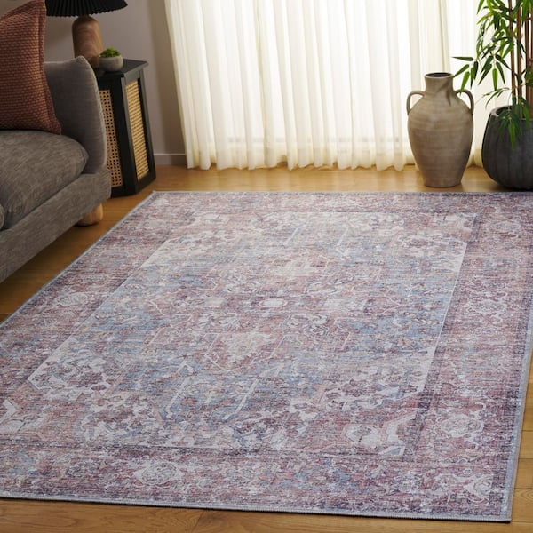 Vintage Heriz Red/Blue  5 ft. x 8 ft. Machine  Washable Medallion Distressed Ornate Area Rug