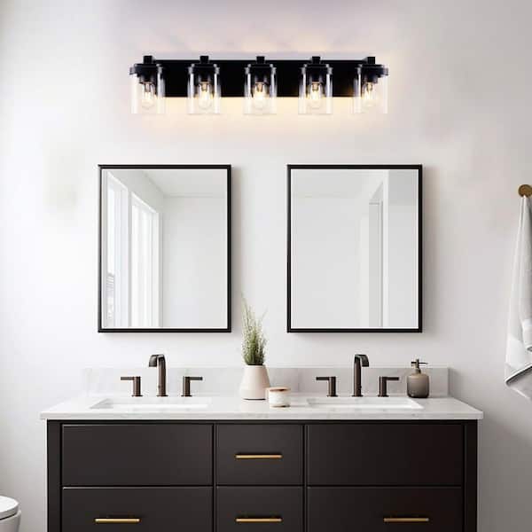30.8 in. 5-Light Bathroom Black Vanity Light, Bathroom Light Fixtures with Clear Glass Shade for Living Room(NO Bulbs)