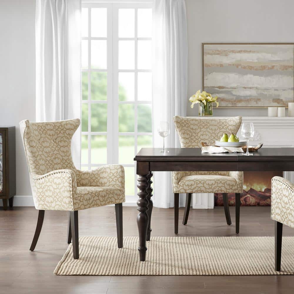 Tan Linen Upholstered Arm Chairs with Wood Legs, Set of 2