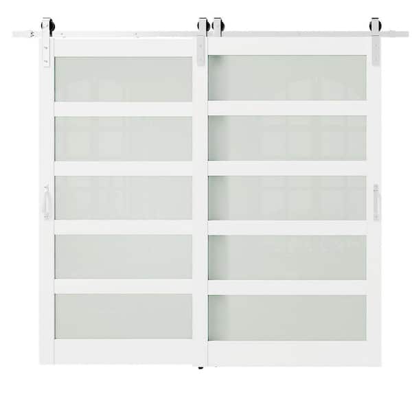 96 in. x 84 in. Frosted Glass Double 5 Lites MDF Bypass Assembly Required Barn Door with Hardware Kit White