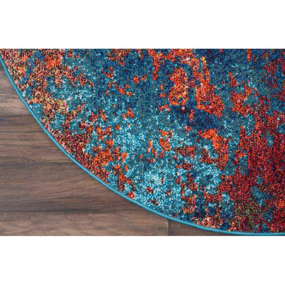 Round Blue Abstract Synthetic Easy Care Rug, 5'3"