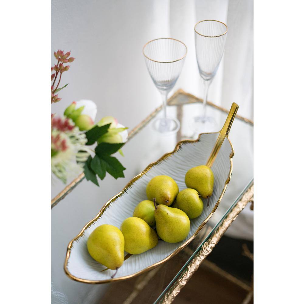 White and Gold Ceramic Leaf Shaped Decorative Bowl
