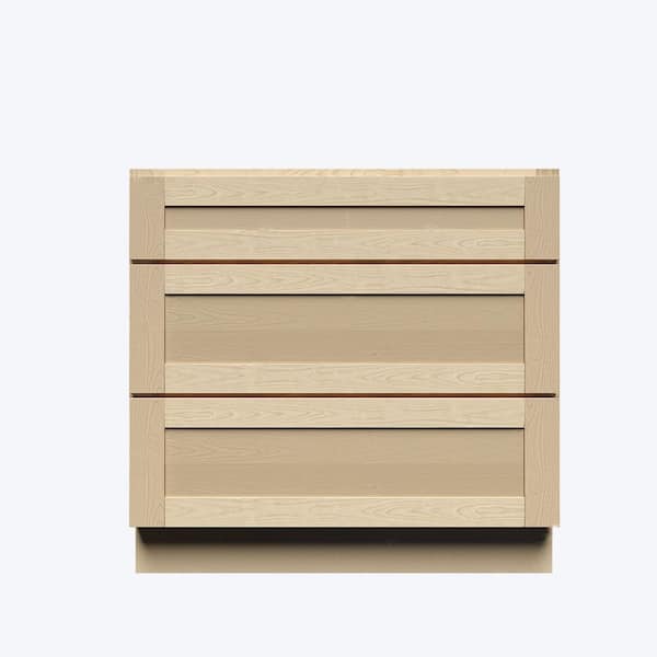LIFEART CABINETRY Lancaster Shaker Assembled 36 in. x 34.5 in. x 24 in. Drawer Base Cabinet with 3-Drawers in Natural Wood