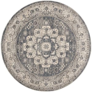 Grey and Ivory 4 ft. Round Oriental Power Loom Non Skid Area Rug