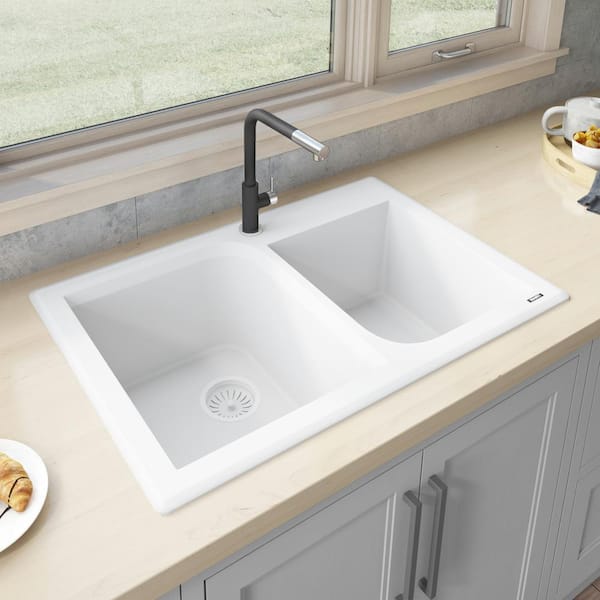 Ruvati 33 in. Arctic White Double Bowl Dual-Mount Granite Composite Kitchen Sink