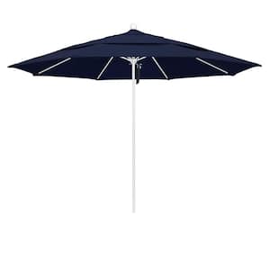 11 ft. White Aluminum Commercial Market Patio Umbrella with Fiberglass Ribs and Pulley Lift in Navy Blue Olefin