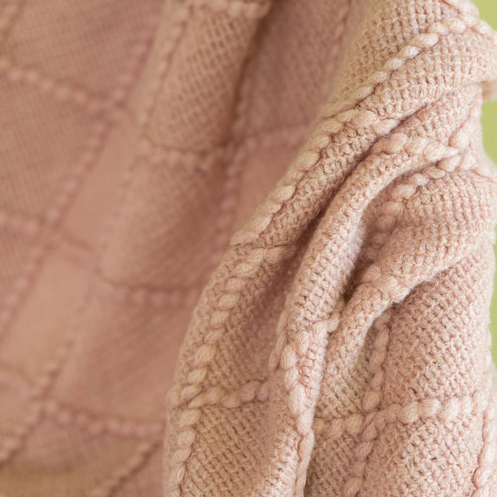 Pink Knitted Throw Blanket Set with Fringed Edges, 50x60 in