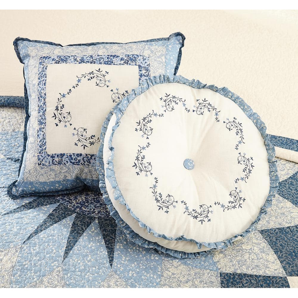 Embroidered Blue Floral Scrolls Cotton-Polyester Standard Sham