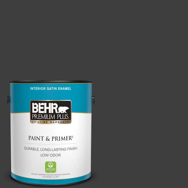 BEHR PREMIUM PLUS 1 gal. #T13-3 Black Lacquer Satin Enamel Low Odor Interior Paint & Primer