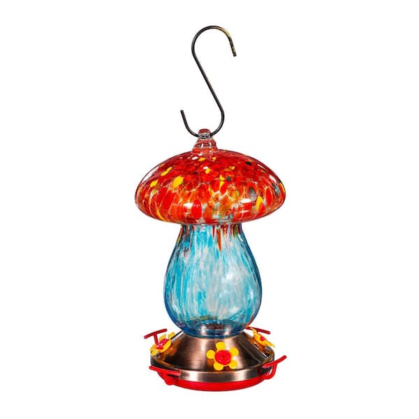 Evergreen Red & Blue Art Glass Mushroom Shape Hummingbird Feeder
