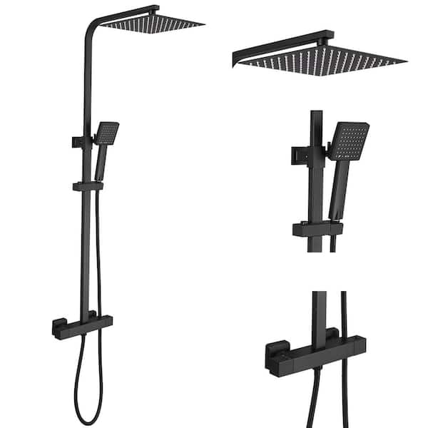 BWE Double Handle 2-Spray Shower Faucet Rectangular Rain Shower Head 2.5 GPM with High Pressure Slide Bar in. Matte Black