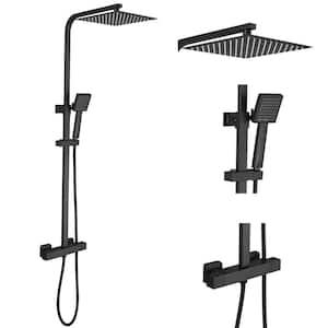 Double Handle 2-Spray Wall Bar Shower Kit rectangular Rain Shower Head with Handheld Sprayer Slide Bar in Matte Black