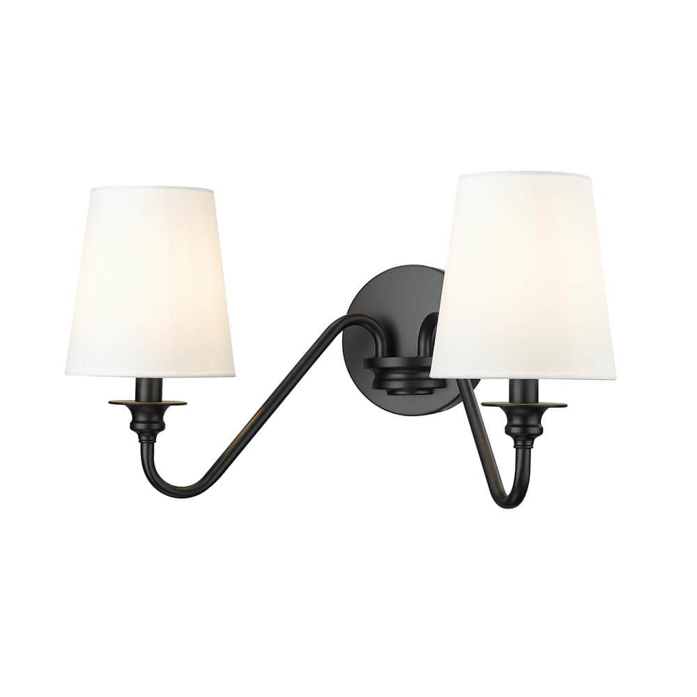 Gianna 20 in. 2-Light Matte Black Wall Sconce with White Fabric Shades and 