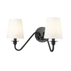 Gianna 20 in. 2-Light Matte Black Wall Sconce with White Fabric Shades and No Bulb Included