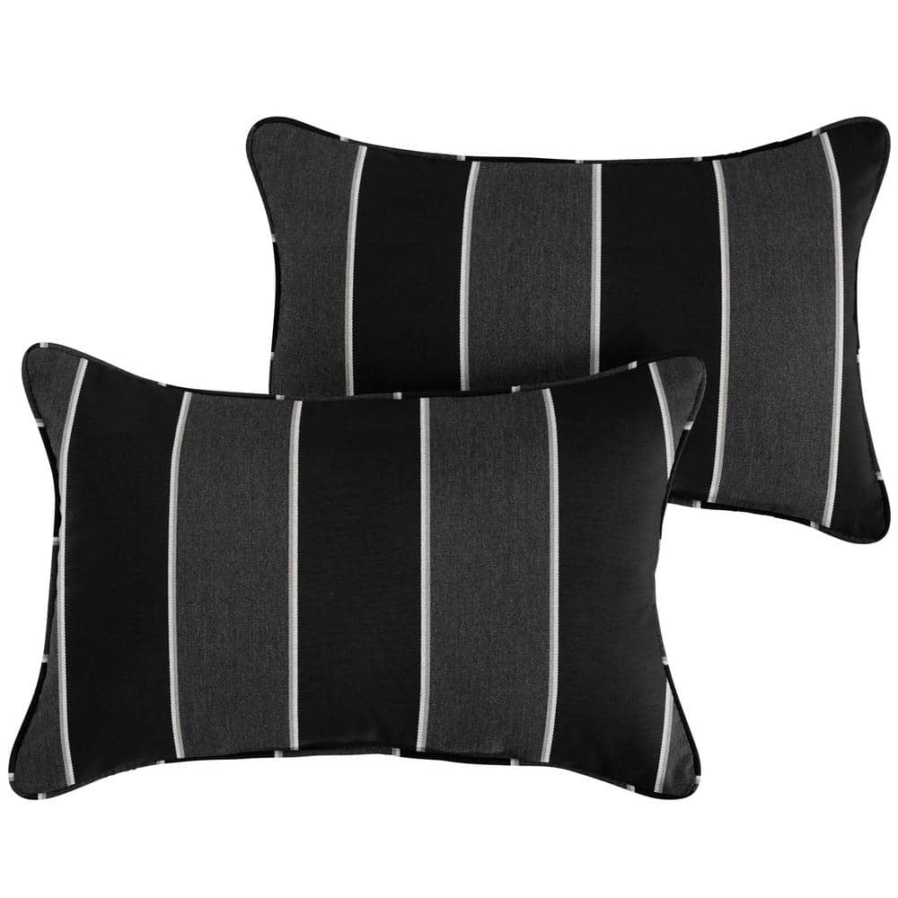 1101Design Sunbrella Black Grey Stripe Rectangular Outdoor Corded Lumbar Pillows (2-Pack)