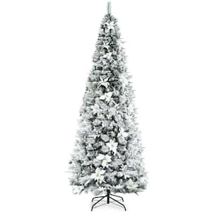 8 ft. White Unlit Snow Flocked Artificial Christmas Pencil Tree with Berries and Poinsettia Flowers
