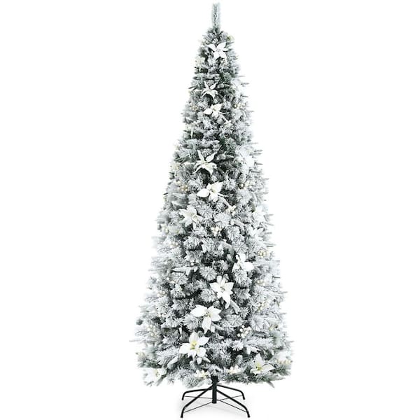WELLFOR 8 ft. Green PVC and PE Unlit Snow Flocked Slim Artificial Christmas Tree with Berries and White Poinsettia Flowers