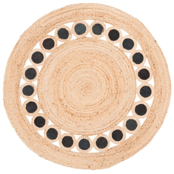 Natural Fiber Beige/Black 4 ft. x 4 ft. Round Solid Area Rug