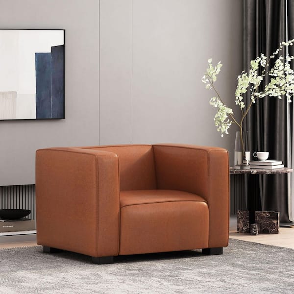 Light Brown Gorgeous Faux Leather Club Chair with Birch Wood Legs, Modern Accent Chair for Living Room