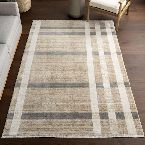 Mckinley Vintage Plaid Fringed Light Beige 10 ft. x 13 ft. Indoor Area Rug