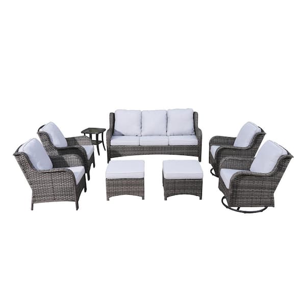 Erie Lake Brown 8-Piece Wicker Patio Conversation Seating Sofa Set with Gray Cushions and Swivel Rocking Chairs