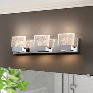 24 in. 3-Light Chrome Stainless Steel LED Bathroom Vanity Light with Clear Ice-Like Brick Glass