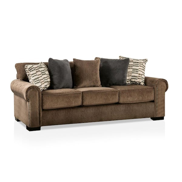 Furniture of America Embudito 100 in. W Rolled Arm Chenille Square Sofa in Brown
