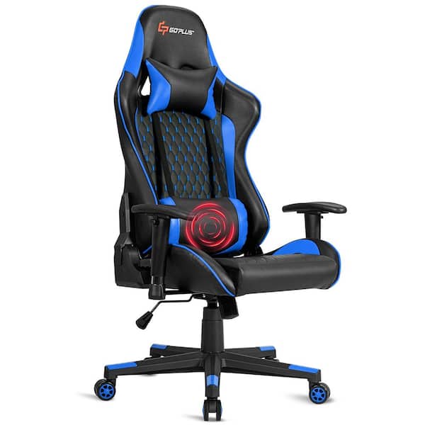 Costway Massage Blue Gaming Executive Chair Reclining Racing Chair with Lumbar Support and Headrest