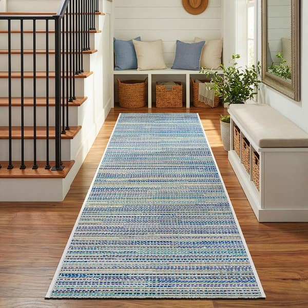 Monaco Alassio Sand-Azure-Turquoise 2 ft. x 12 ft. Striped Low-Profile Indoor/Outdoor Runner Rug