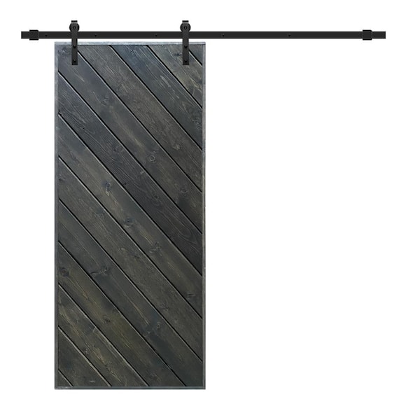 CALHOME Modern European 36 in. x 84 in. Pre Assembled Gray Stained Solid Wood Sliding Barn Door with Hardware Kit