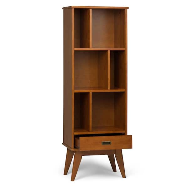 Simpli Home Draper 64 In H Teak Brown Wood 3 Shelf Accent Bookcase With Drawers 3axcdrp 12 Tk The Home Depot
