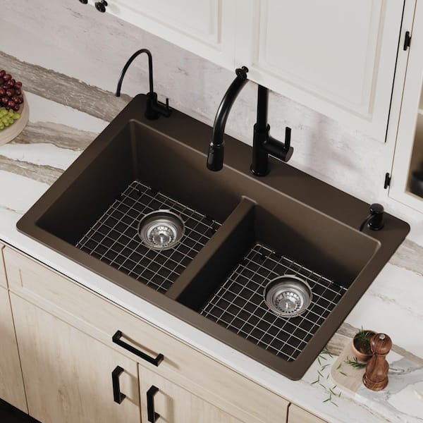 Karran QT-810 Quartz/Granite 33 in. Double Bowl 50/50 Top Mount Drop-in Kitchen Sink in Brown with Bottom Grid and Strainer