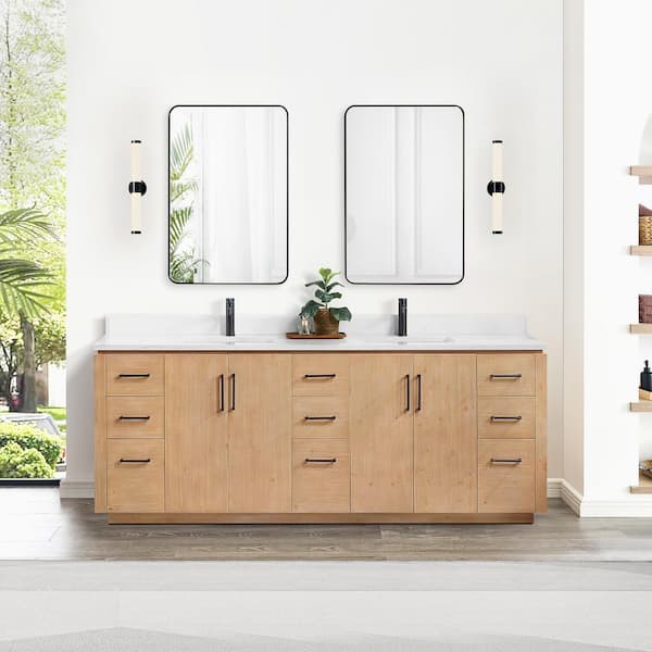 ROSWELL San 84 in.W x 22 in.D x 33.8 in.H Double Sink Bath Vanity in Fir Wood Brown with White Composite Stone Top and Mirror