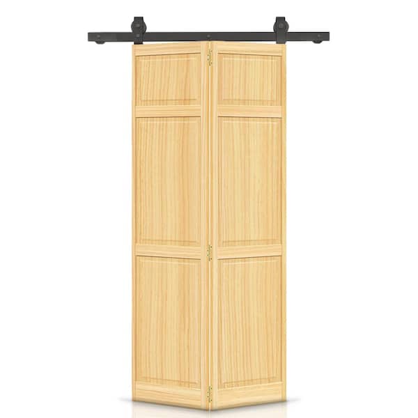 CALHOME 30 in. x 80 in. Traditional 6 Panel Natural Wood Solid Core Bi-Fold Barn Door with Sliding Hardware Kit