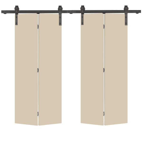 CALHOME 48 in. x 80 in. Beige Smooth Flush Hardboard Hollow Core Composite Double Bi-Fold Barn Door with Sliding Hardware Kit