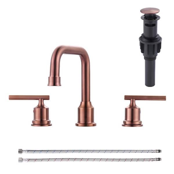 8 in. Widespread Double Handle High Arc Bathroom Faucet with Drain Kit Included in Rose Gold