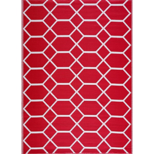 Miami Red White 6 ft. x 9 ft. Reversible Recycled Plastic Indoor/Outdoor Area Rug
