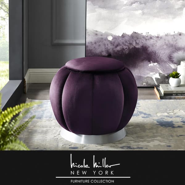 Nicole Miller Zane Purple/Silver Velvet Tufted Ottoman with Metal Base