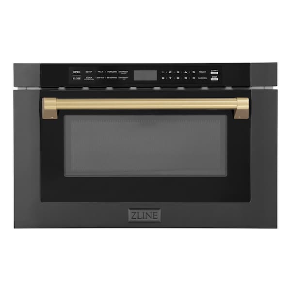 ZLINE Kitchen and Bath Autograph Edition 24 in. Built-In Microwave Drawer in Black Stainless Steel & Traditional Champagne Bronze Handle