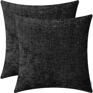 Outdoor Cozy Throw Pillow Covers Cases for Couch Sofa Home Decoration Solid Dyed Soft Chenille Black (2-Pack)