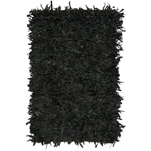 Leather Shag Black 3 ft. x 5 ft. Solid Gradient Area Rug