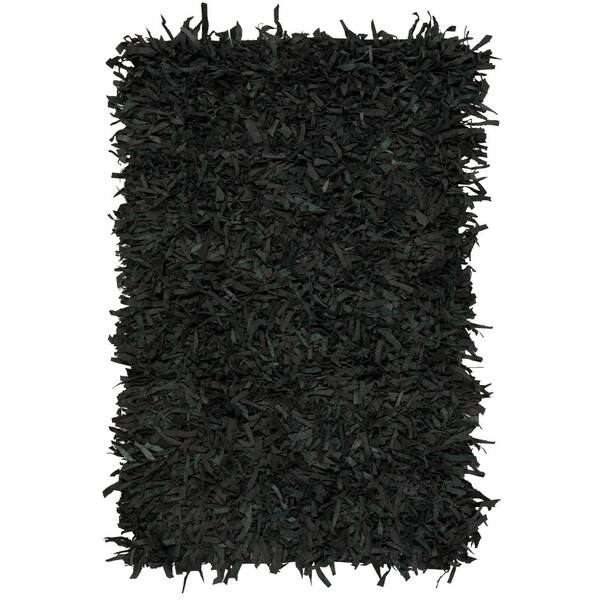 SAFAVIEH Leather Shag Black 3 ft. x 5 ft. Solid Gradient Area Rug