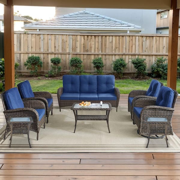 Brown 8-Piece Wicker Patio Conversation Set with Swivel Rockers, Outdoor Sofa Seating Set with Olefin Navy Blue Cushions