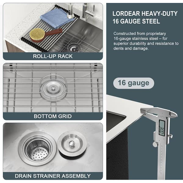 LORDEAR 22 in. Drop-In Laundry Utility Sink Stainless Steel 16 Gauge with Strain Basket
