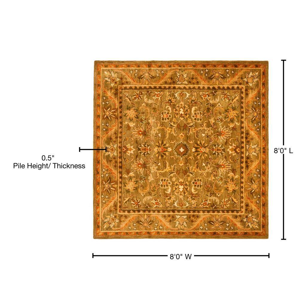 Olive and Gold 8' Square Handmade Wool Floral Area Rug