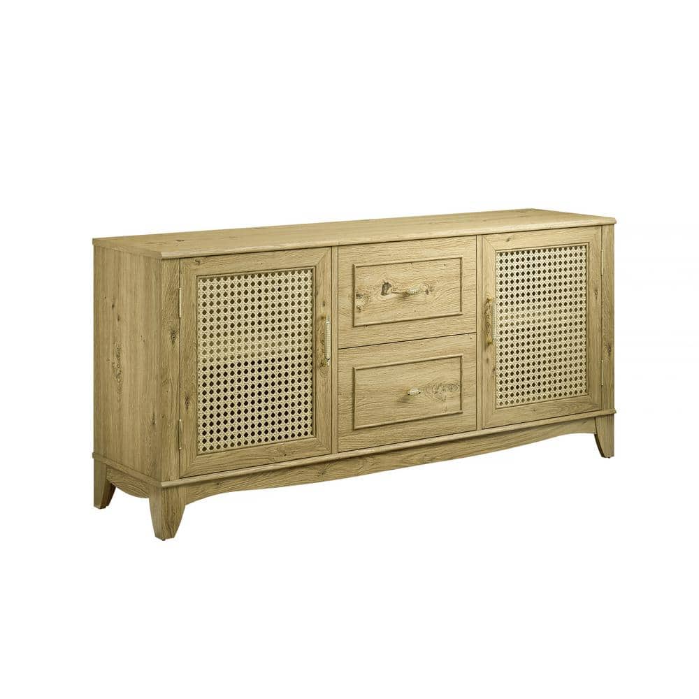 60" Beige Wood TV Stand with Cabinets and Drawers