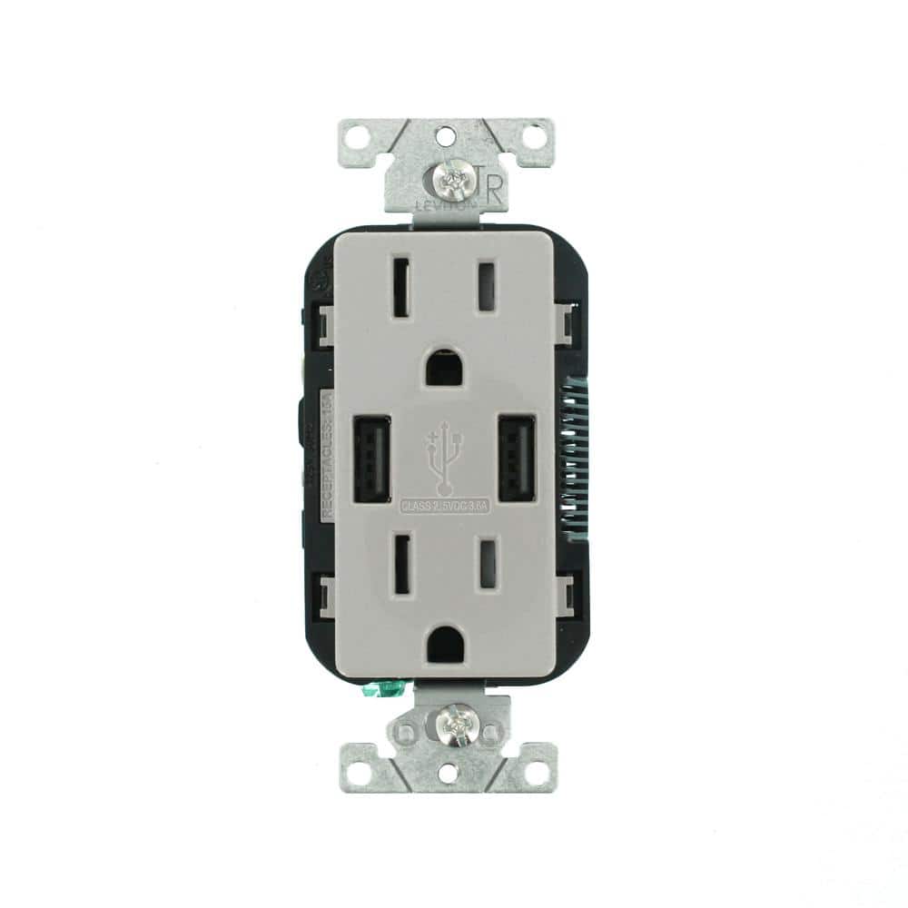 Gray 15A Tamper-Resistant Outlet with Dual USB Ports