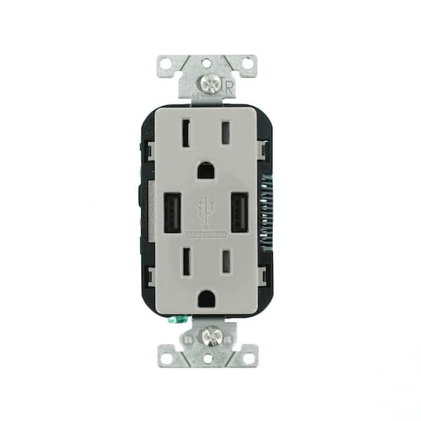 Leviton Decora 15 Amp Tamper Resistant Duplex Outlet and 3.6 Amp USB Outlet, Gray T5632-GY