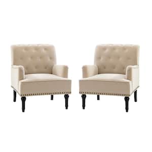 Enrica Tan Tufted Comfy Velvet Armchair with Nailhead Trim and Rubberwood Legs (Set of 2)