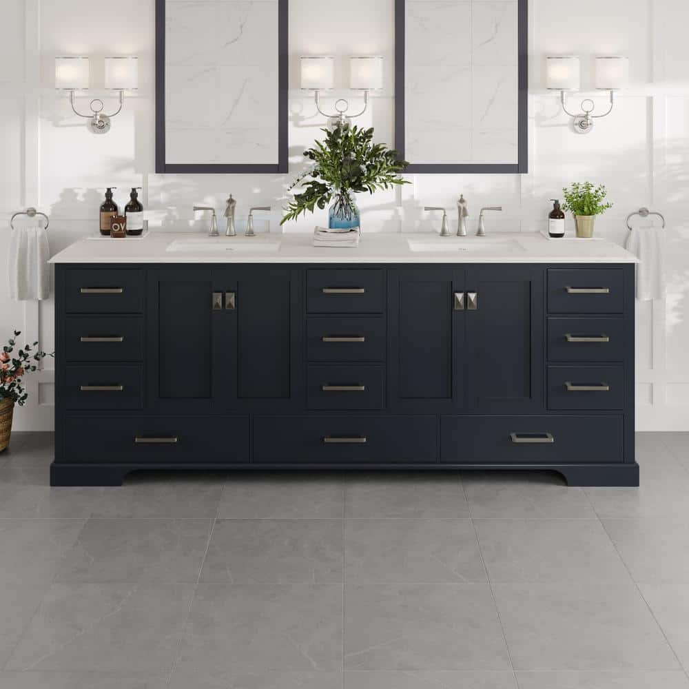 Storehouse 84 in. W x 22 in. D x 34 in. H Bathroom Vanity in Dark Gray with White Carrara Marble Top with White Sink -  Eviva, EVVN416-84DGR